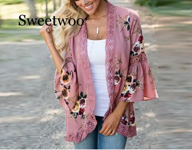 Vrouwen Zomer Herfst Flare Mouwen Bloemen Gedrukt Kant Patchwork Chiffon Vest Tops Casual Open Stitch Uitloper Plus Size Kimono