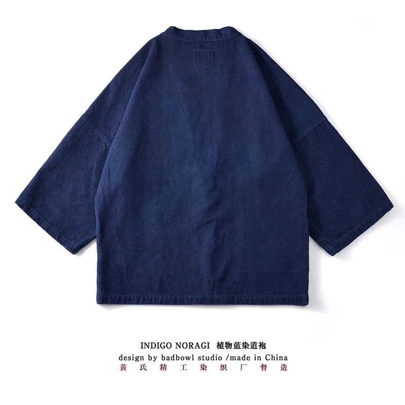 BADBOWL Japanese Vintage Plant Indigo Jacket Mens Blue Dyeing Road Robe Retro Casual Kimono Jacket 2021 Spring Autumn Loose Coat