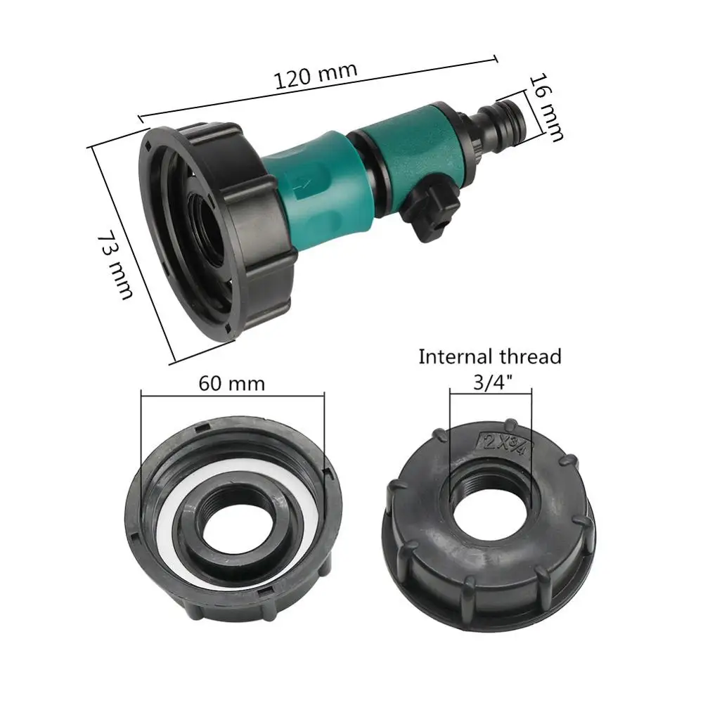 60mm Thread IBC Tank Adapter Tap Connector Replacement Valve Fitting 16mm Quick Connector with Valve Irrigation Pipe Fittings