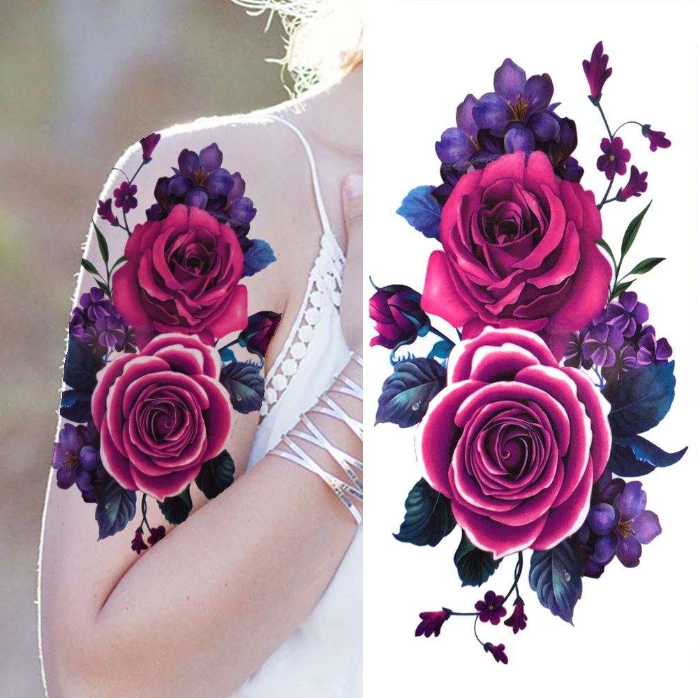 Large Rose Temporary Tattoos For Women Girls Adult Peony Lily Plum Flower Fake Tattoo Stickers Arm Thigh Art Tatoos Waterproof
