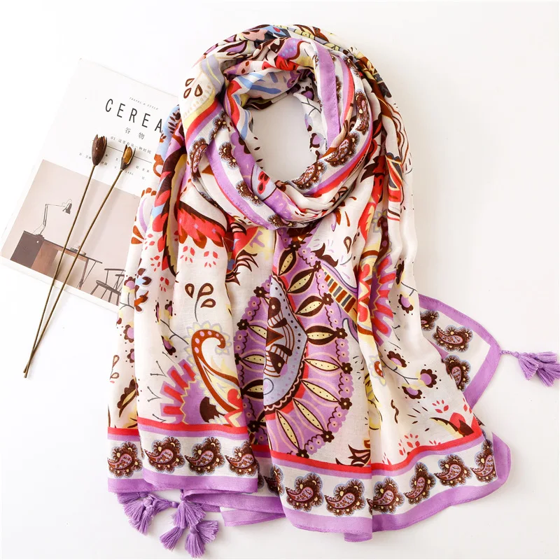 

Fantastic Violet Color Women Cotton Scarf Luxury Print Paisley Design Blanket Wrap Hijab Bright Colors Shawl NEW