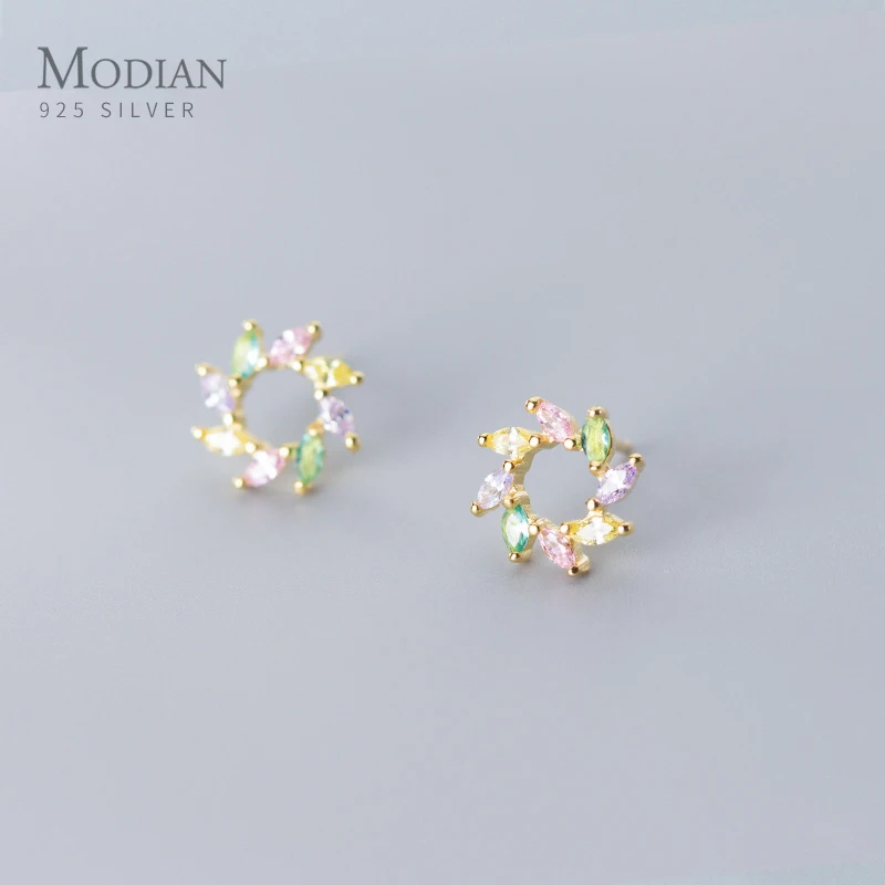 MODIAN Colorful Crystal Sun Flower Stud Earring for Women 925 Sterling Silver Flora Anti-Allergy Ear Pin Fine Jewelry Kids Gift