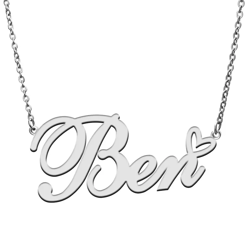 Love Heart Ben Name Necklace for Women Stainless Steel Golden Nameplate Pendant Femme Mother Child Girls Gift