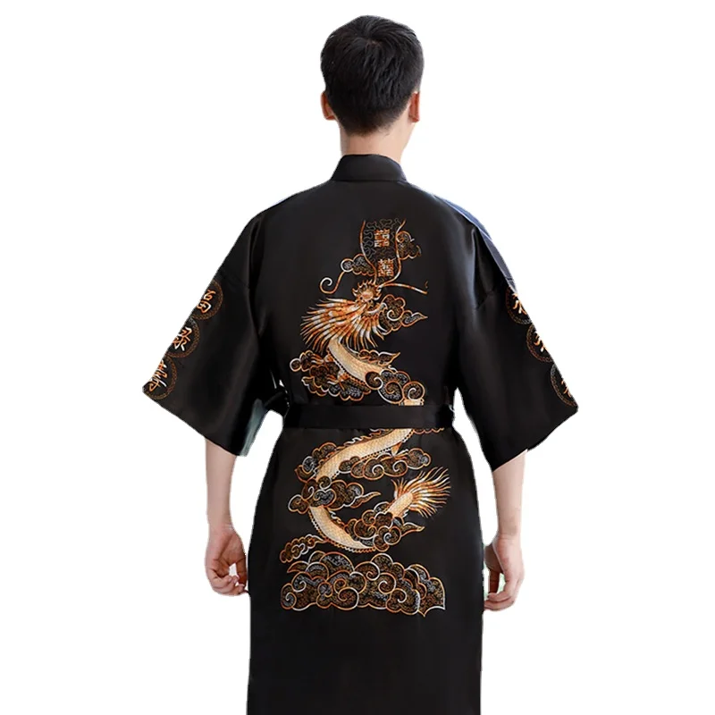 

Men's Chinese Dragon Satin Long Kimono Robe Bath Yukata Men Pajamas