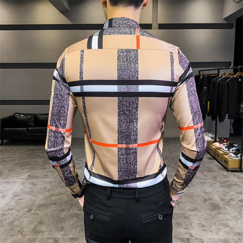 Plus Size M-6XL Men\'s Shirt New Luxury Striped Plaid Print Slim Shirts Fashion Brand Men Long Sleeve Baroque Casual Party Shirt