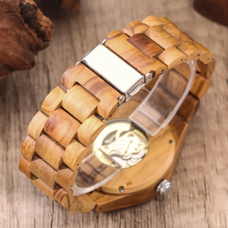 Olive Wood Luminous Needle Automatic Watch for Men Roman Numeral Yellow Adjustable Wooden Band Skeleton Mechanical Wristwatches