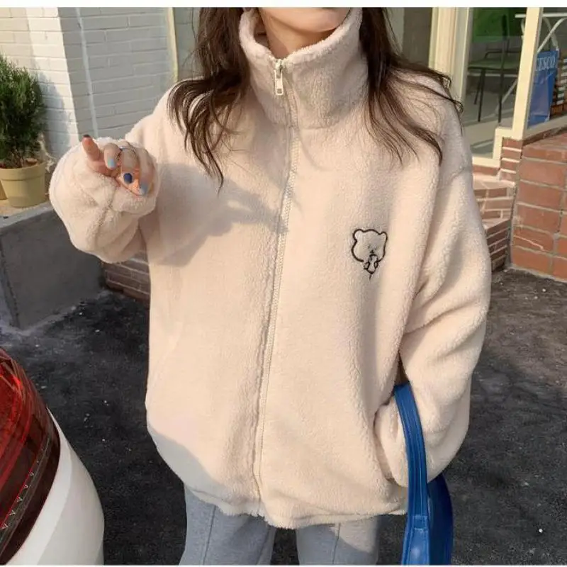 Winter Letter Pink Zippercoat Lamb Wool Keep Warm Mid-length Women Sweatshirt Embroidery Cute Biscuit Bear Fashion Lady Pullover