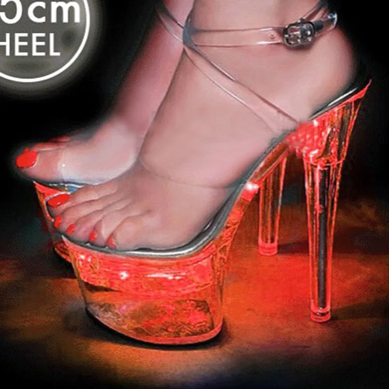 Shoes Women Clear Transparent LED Lights Platform Open Toe Stilettos Super High Heel 15cm Luminous Shoes Crystal Buckle Sandals