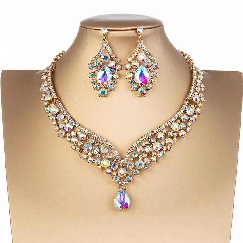 KMVEXO moda kryształ AB naszyjnik kolczyki zestaw Rhinestone dla nowożeńców zestawy biżuterii dla panien młodych ślub kostium imprezowy Bijoux Femme