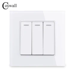 COSWALL Crystal Tempered Glass Panel  3 Gang 1 Way On / Off Rocker Wall Light Switch 16A DC / AC 5-250V White Black Grey Gold