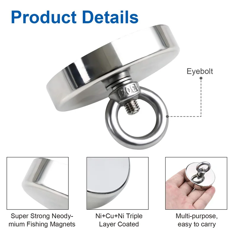 D20-90mm Large Neodymium Magnet Magnetic Hook Rare Earth N35 Magnet with Countersunk Hole Eyebolt for Fishing Salvage Magnet