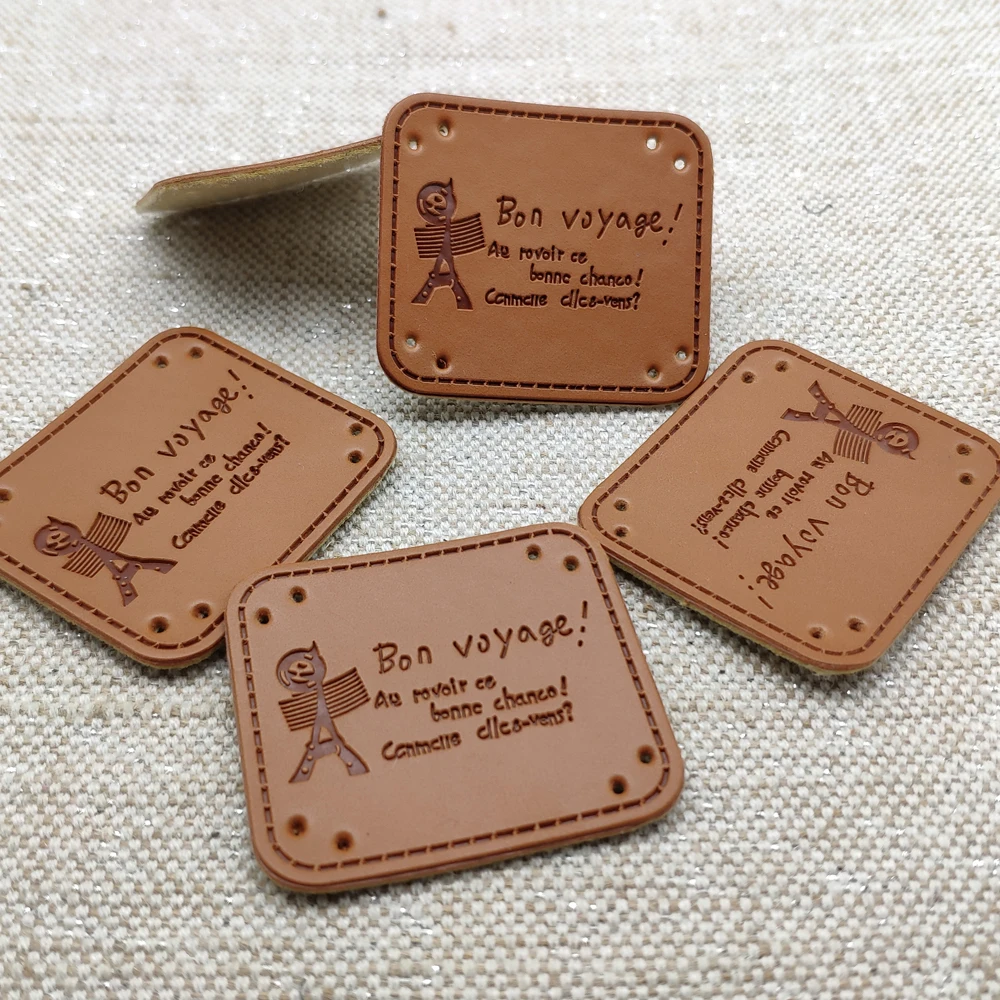 Bon Voyage With French Tower Handmade Leather Patch For Clothing Hand Made Pu Leather Tag With French Tower Handmade Label