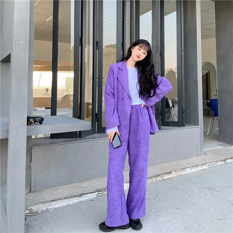 Autumn Winter Purple Corduroy Women\'s Office Suit Korean Clothes Blazer Girly Casual Loose Wide Leg Pants Two-Piece Sets Female