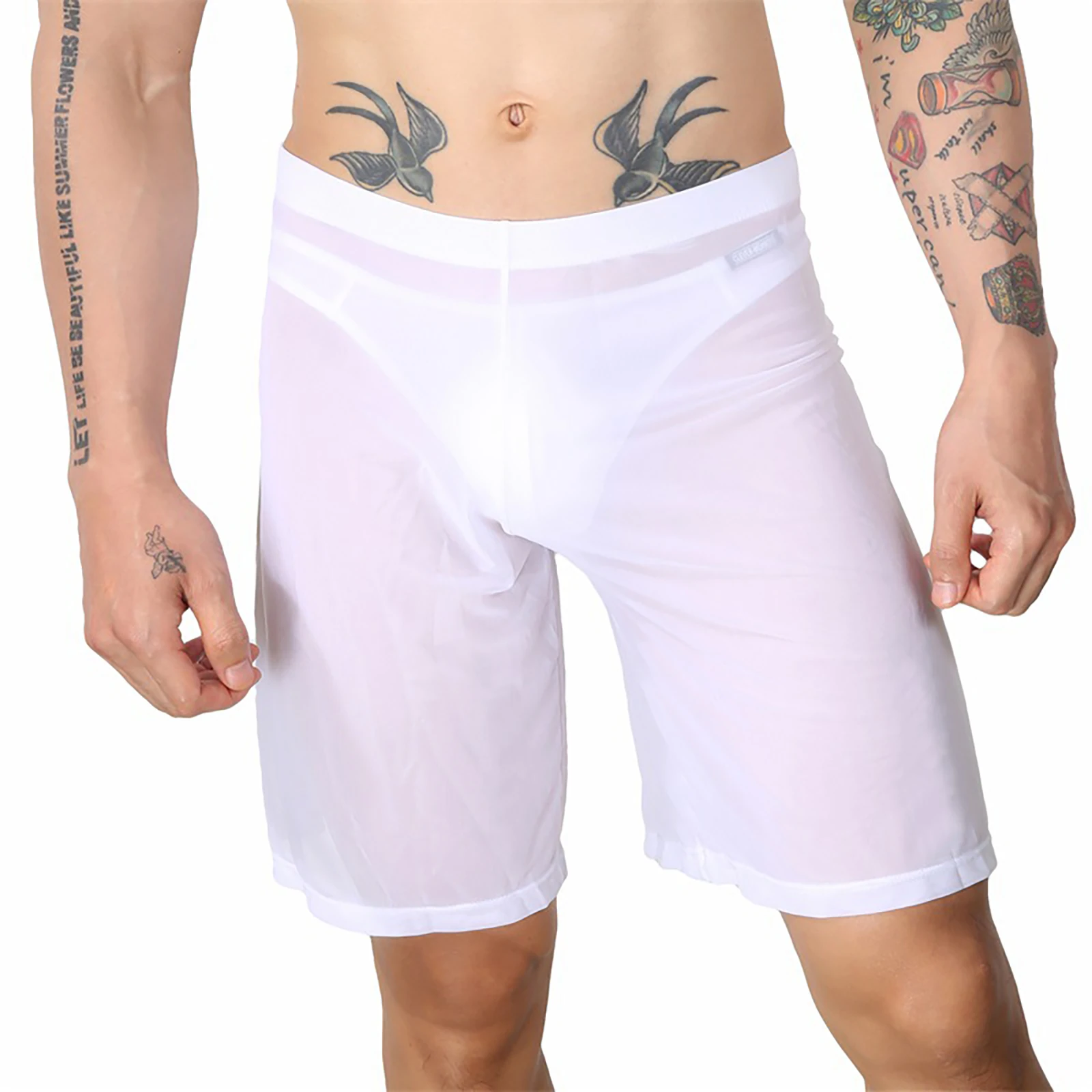 Men White Elastic Waistband See-Through Mesh Pajamas Sleep Shorts Sleeping Bottoms Underwear Sleepwear Loungewear