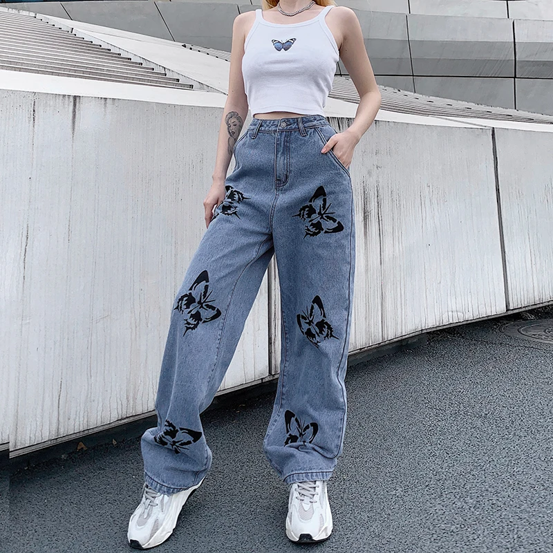 Women\'s High Waisted Jeans Butterfly Print Straight Wide Leg Denim Pants Baggy Loose Casual Trousers Streetwear