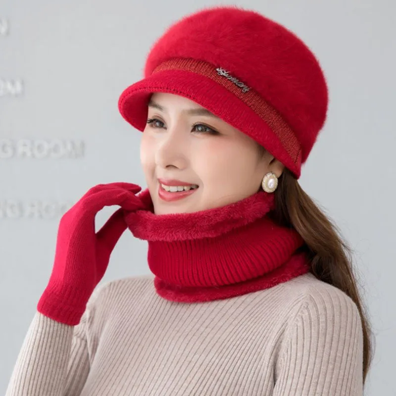 Autumn Winter Hats For Women Rabbit Fur Knitted Hats, Bibs, Gloves, 3-Piece Set, Outdoor Outing, Cycling, Ski Hat