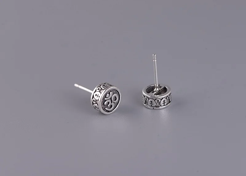 100% 925 silver Tibetan Earrings Vintage 925 Silver Buddhist OM Earring Sterling Silver Good Luck Earring