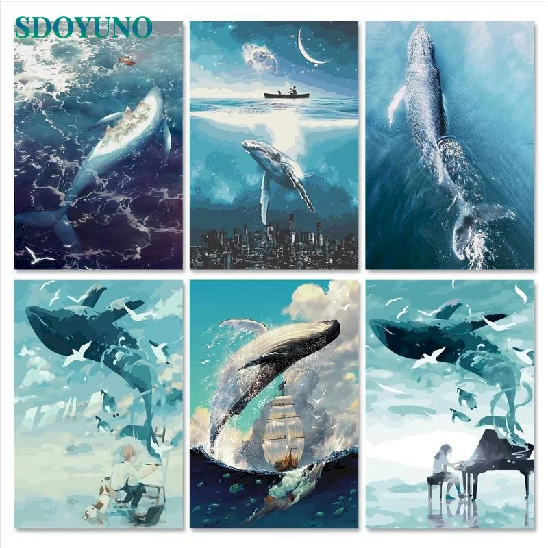 SDOYUNO 60x75cm Paint By Numbers For Adult Whale DIY Oil Painting By Numbers On Canvas Animals Frameless Number Painting Decor