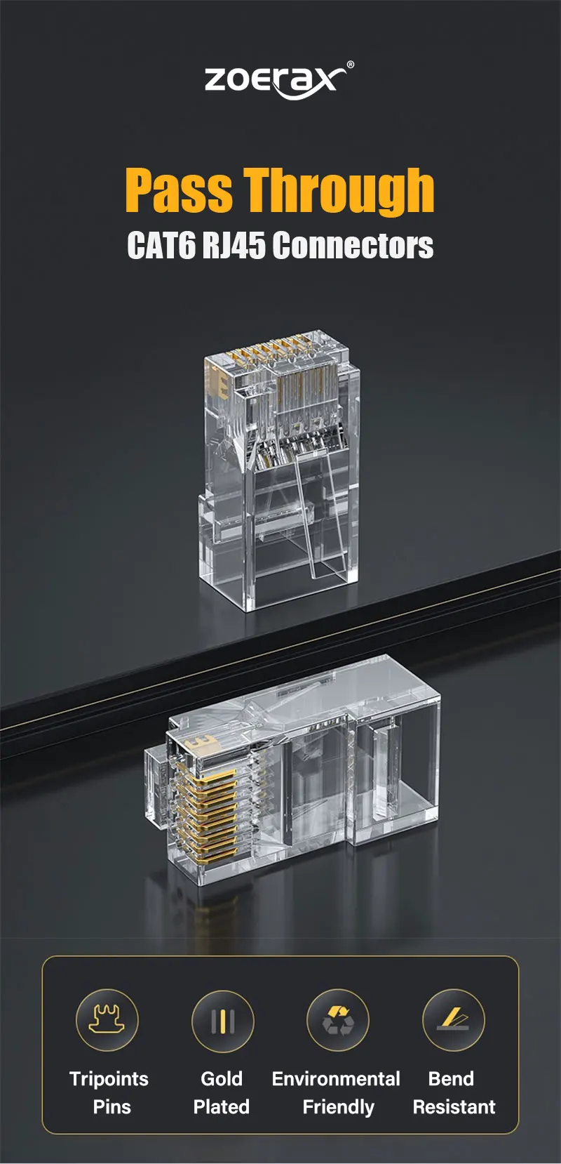 ZoeRax RJ45 CAT6 Pass Through Connectors 1.1mm hole Gold Plated 8P8C Modular Ethernet Network Cable Plug End for Cat6 Cat5e