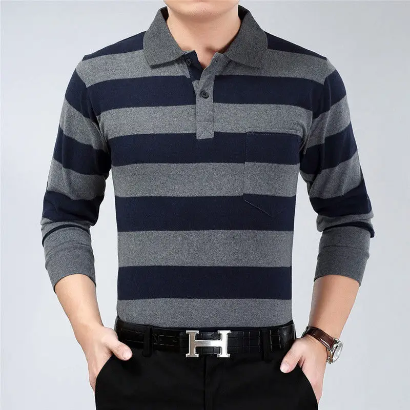 Long Sleeve Male Polo Shirt Work Wear Stripe Polo T Shirt For Men Tun Down Collar Autumn Winter Basic Office Clothes Casual