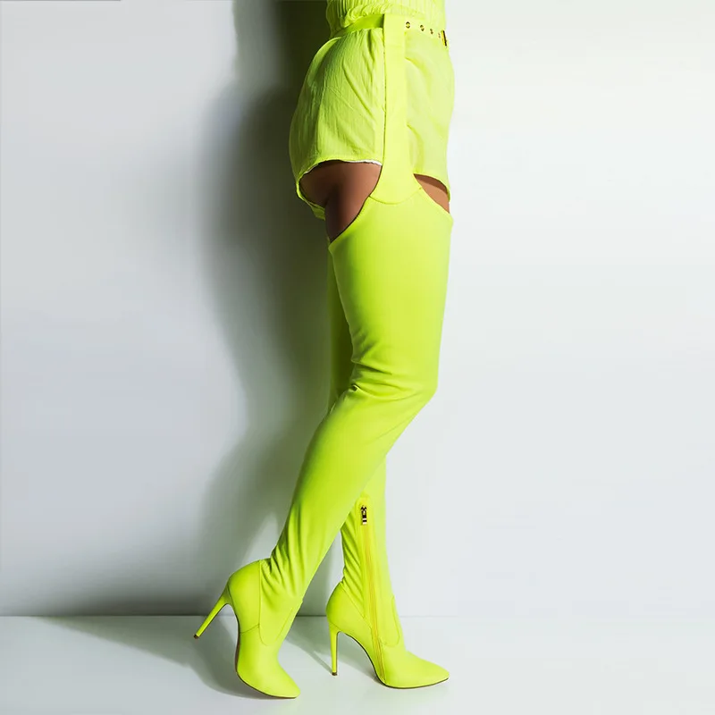 New Sexy Neon Green Crotch High Boots Pointied Toe Belted Buckle Thigh High Boots Stiletto Boots Women Over The Knee Boots