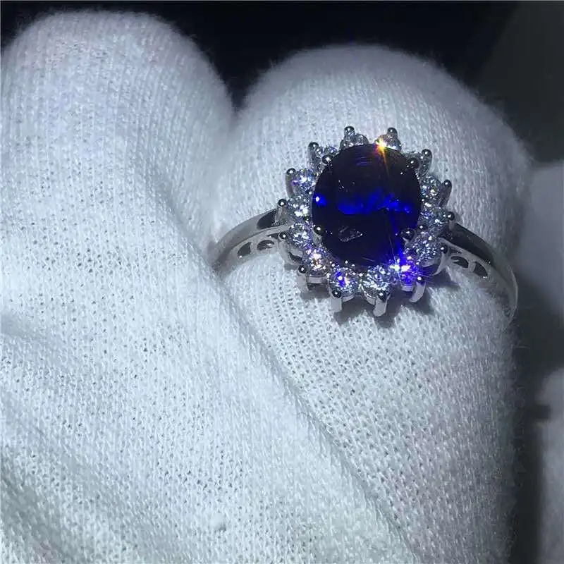 Elegant Princess Kate Blue Gem Created Blue Crystal Ring for Women Silver Color Wedding Finger Crystal Ring Brand Jewelry