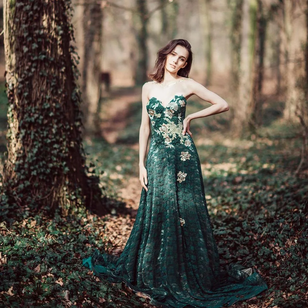 Vestido de Hada Verde oscuro sin tirantes para sesión de fotos, vestido de noche largo de encaje, tul, fiesta de graduación con tren, talla grande