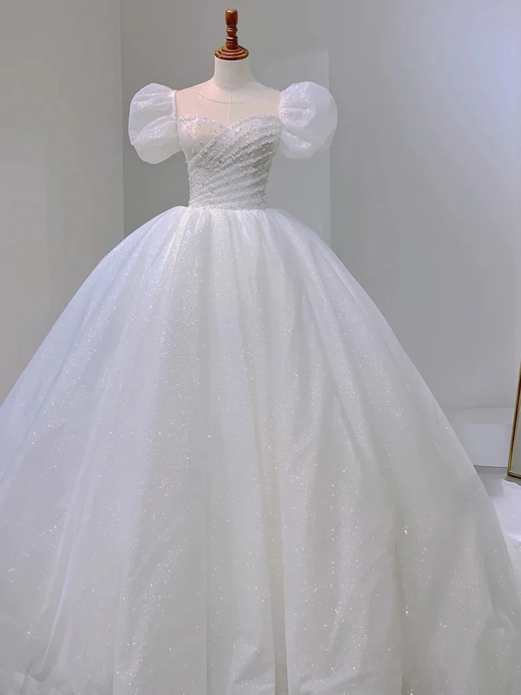 Robe de Mariée Blanche à Paillettes de Luxe, Tenue Longue avec Perles, Manches Bouffantes, Nministériels d au Dos, pour Patients de Princesse, Personnalisée