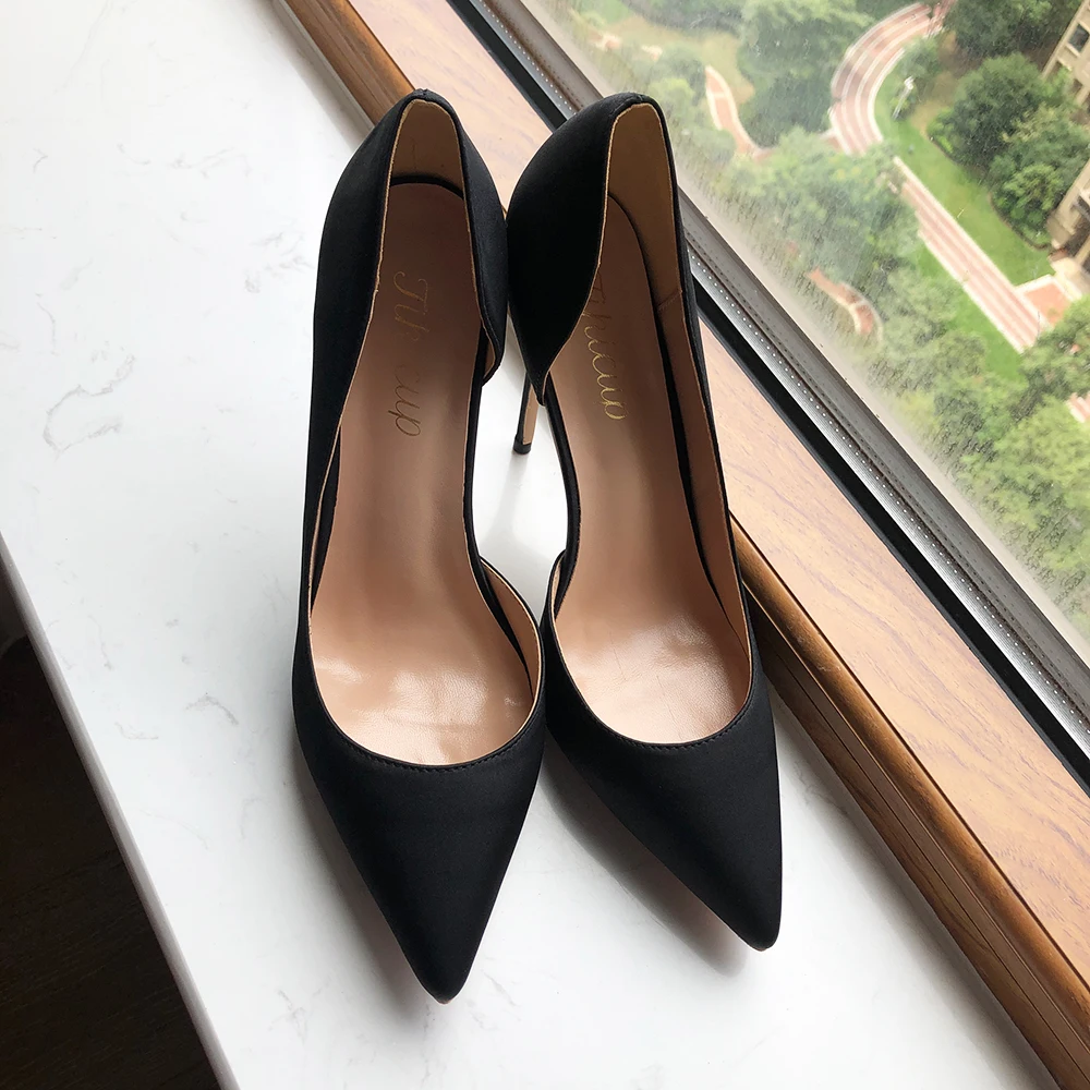 Tikicup Women Black Silk Satin D\'Orsay Stiletto Pums Pointe Toe Slip on Elegant Ladies Formal Fashion Chic High Heel Dress Shoes