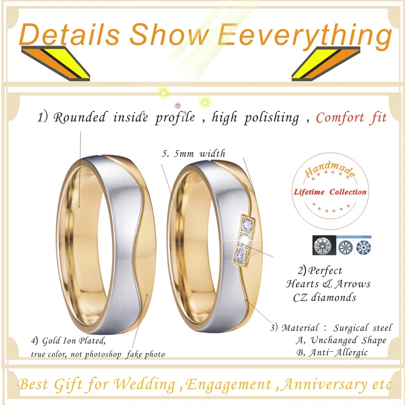 1 زوج الحب التحالف فريد له ولها العصابات الزفاف والمجوهرات خاتم 18k مطلية بالذهب مطابقة اقتراح وعد خواتم للأزواج #5