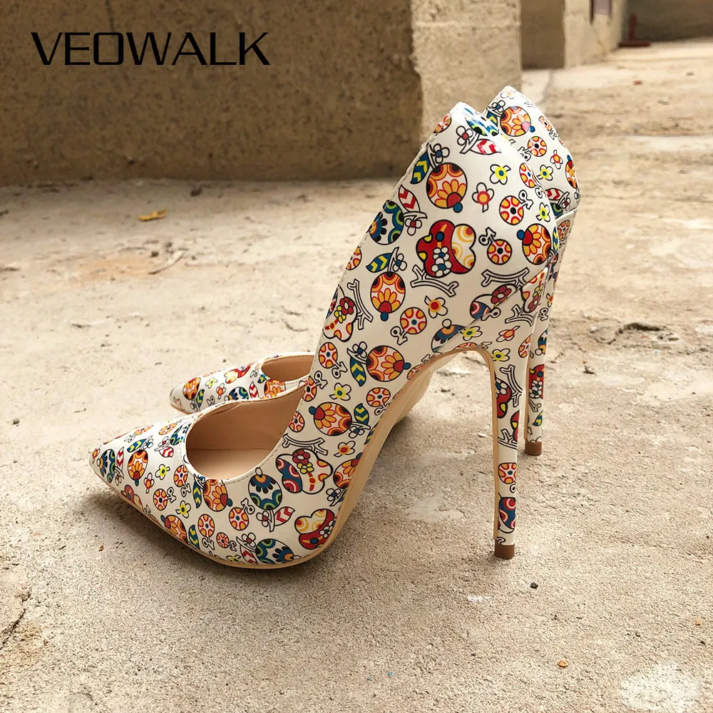 

Veowalk White Artistic Graffiti Colorful Women Pumps Sexy Stiletto High Heels Spring Wedding Party Woman Shoes sapato feminino