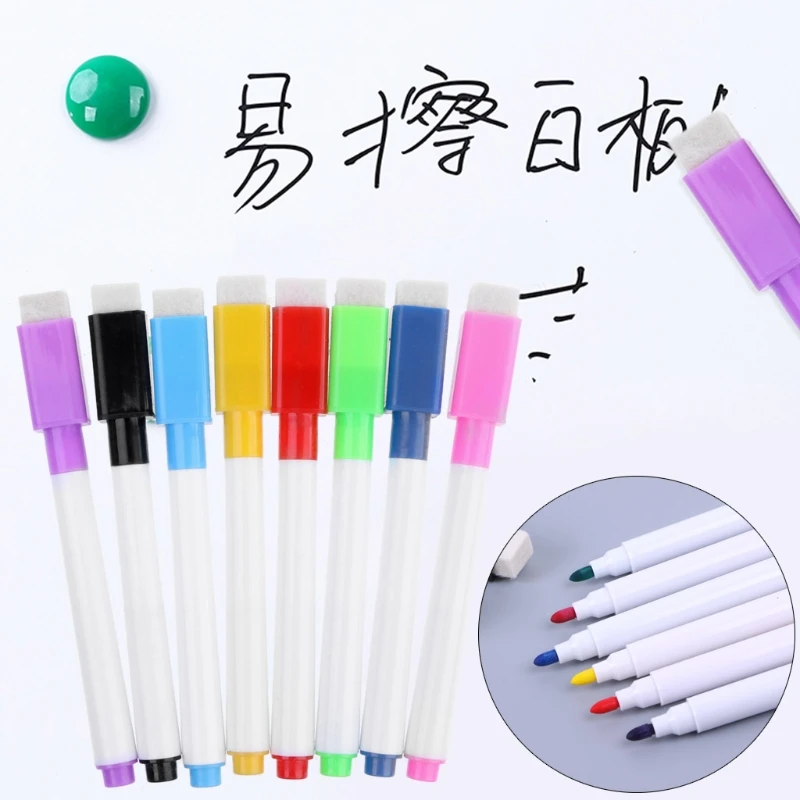 1 Set 8 Colors Magnetic Whiteboard Pens White Board Markers Pens and Eraser with Built-in Eraser for Office Classroom