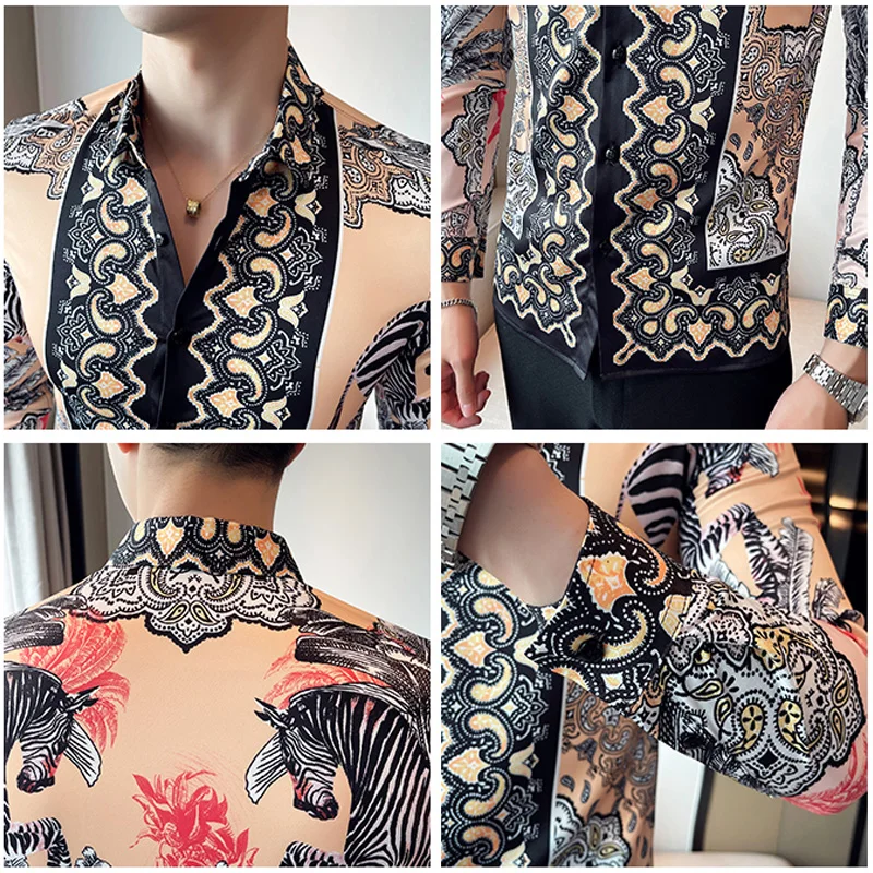 Luxury Men\'s Floral Shirt Asian Size Slim Fit Long Sleeve Button Paisley Shirt Blouse Men British Style Printed Blusas Y Camisas