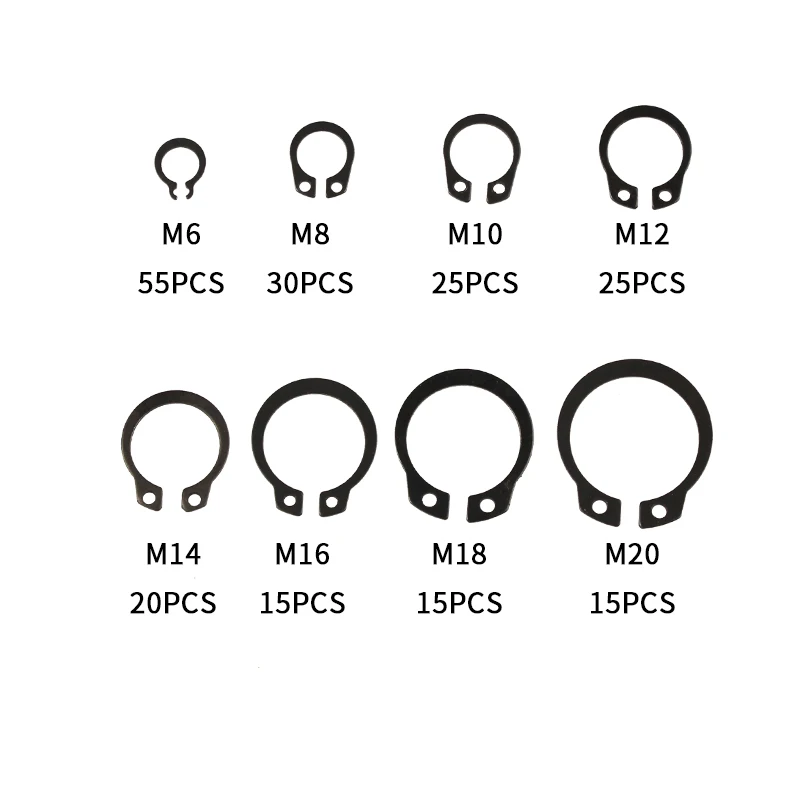 200Pcs C-clip Washers M6 M8 M10 M12 M14 M16 M18 M20 Internal External Retaining Circlips Snap Retaining Ring Carbon Steel Kit