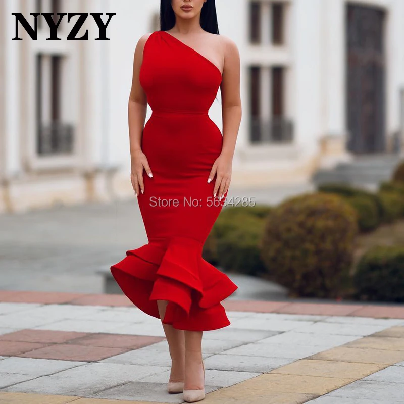 

NYZY C119 Satin Ruffles One Shoulder Party Prom Birthday Cocktail Dresses Red 2025