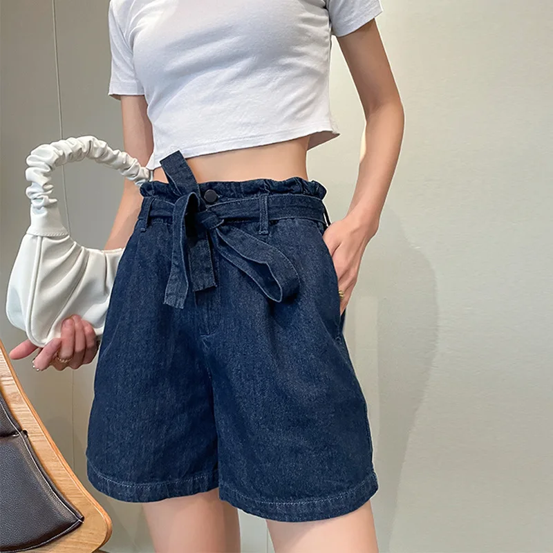 2021 summer new female high-waist denim shorts high-waist lace-up wide-leg pants