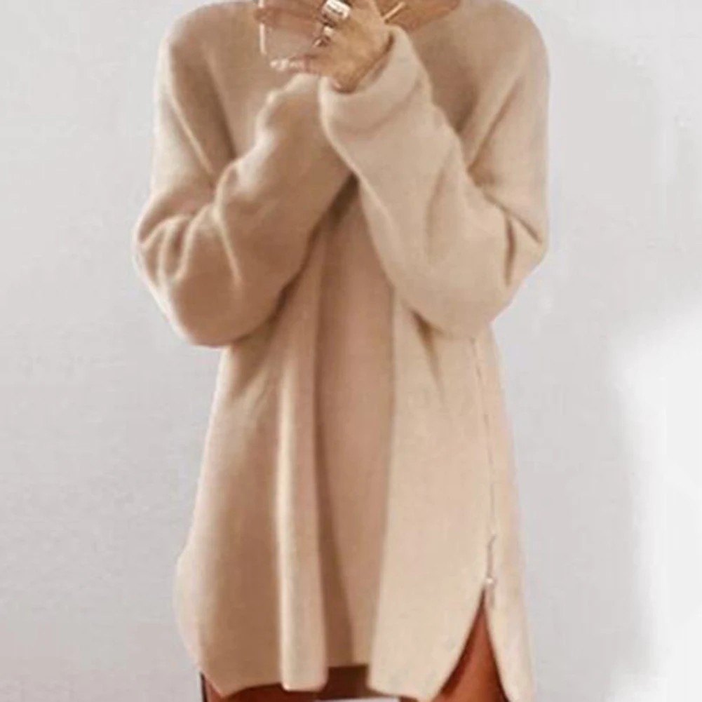 Women Sweaters Dress Winter Pullover Solid Color O Neck Sideway Zip Loose Casual Knitted Mini Dress свитер женский pull femme