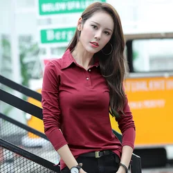 Shintimes Button T Shirt Women Autumn Tops 2022 Turn Collar Slim Cotton T-Shirt Female Long Sleeve Woman Clothes Tee Shirt Femme