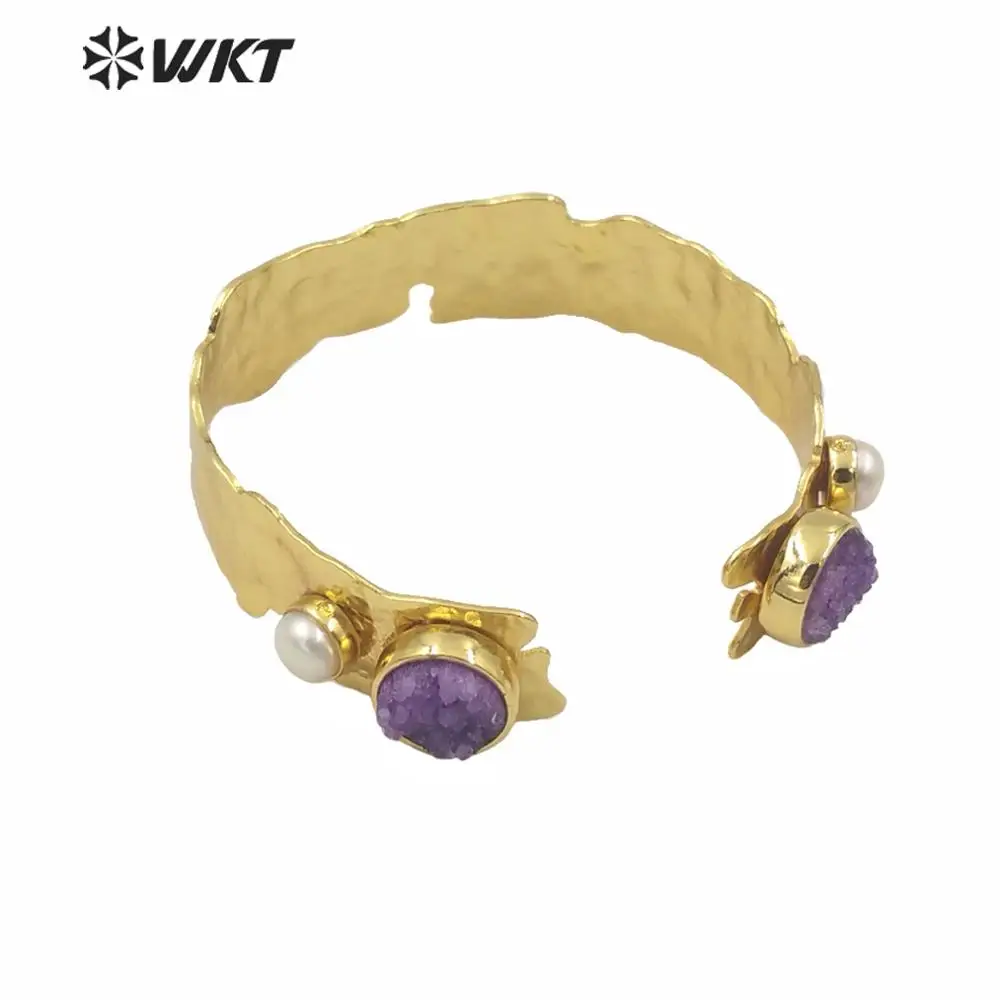 WT-B565 Unisex Cuff Yellow Brass Bangle In18k Gold Eletroplated Double Colored Druzy Quartz And Pearls Jewelry Adjustable ACC