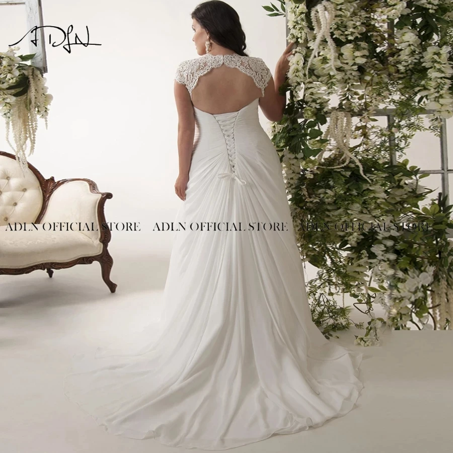 Elegant Plus Size Wedding Dresses Customized V-neck Cap Sleeves Robe de Mariage Sweep Train Appliqued Open Back Bridal Gown