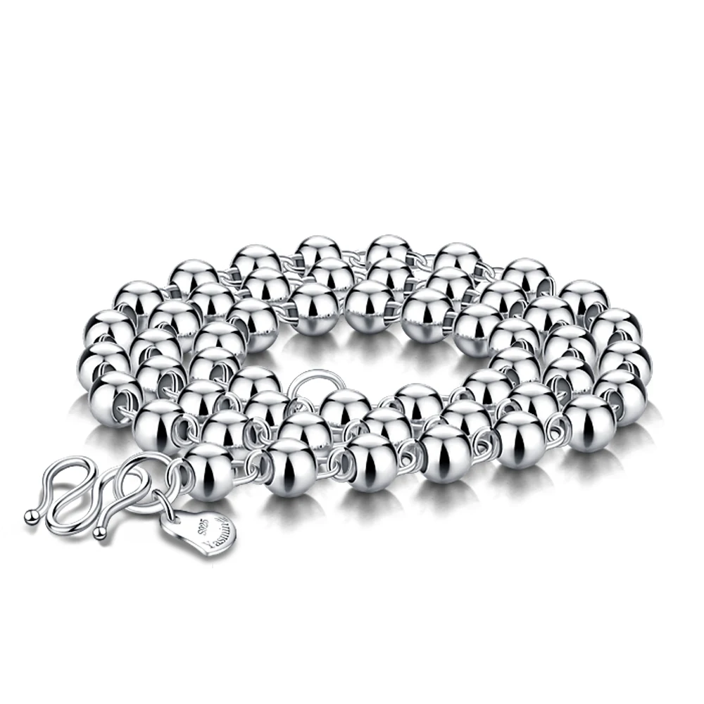 Ladies Silver Necklace 925 Sterling Silver 5-6-8MM Round Bead Chain Glossy Design High Jewelry Birthday Gift