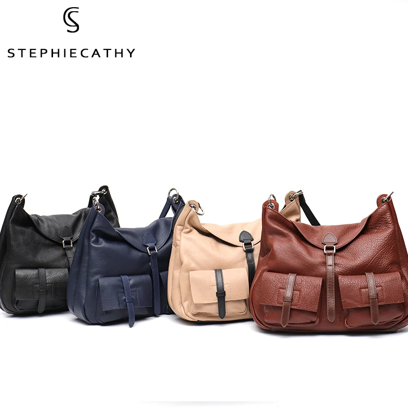 SC Fashion Women 100% Genuine Leather Hobo Handbag Multi Pockets Shoulder Bag Female Casual Cowhide Contrast Color Purse Satchel