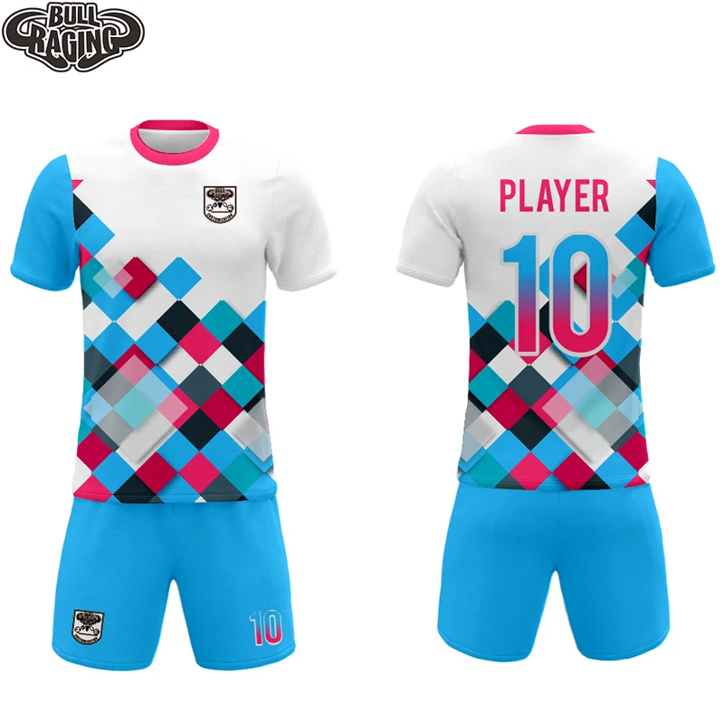 Blue White Mix Color All-over Sublimation Printing Make Custom Football Uniforms Factory Made Soccer Jersey Sets