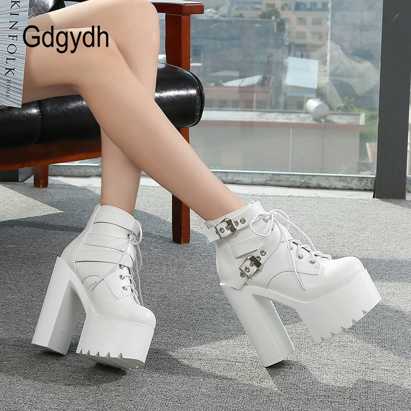 Gdgydh Block Heeled Boots for Women Platform Chunky Moto Boots Crude With High Heel Shoes Nightclub Ankle Buckle Strap Black