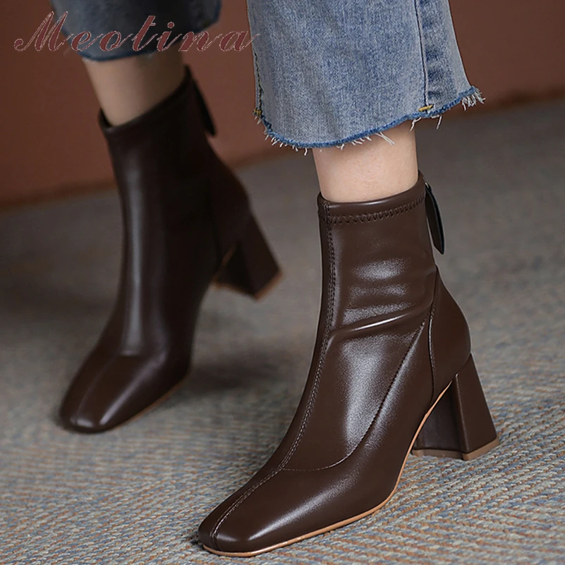 Meotina Ankle Boots Shoes Women High Thick Heel Boots Square Toe Zipper Lady Footwear Concise Short Boots Autumn White 40 Brown