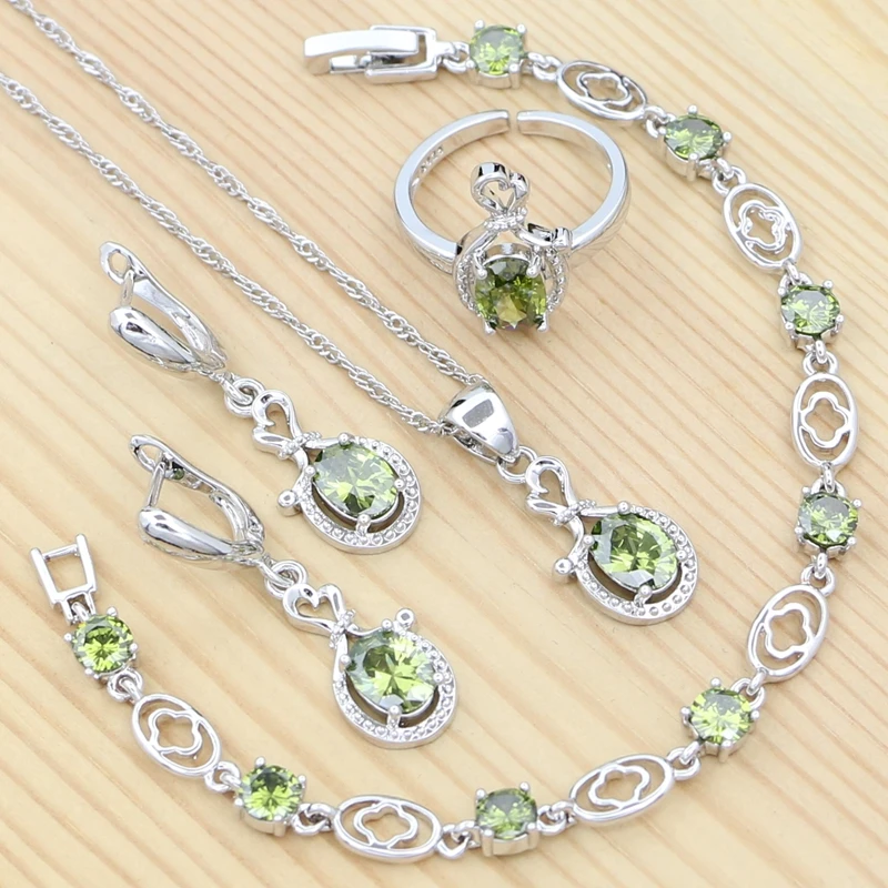 925 Silver Jewelry Set Olive Green Cubic Zirconia Earrings Ring Pendant Chain Bracelet Girl Prom Party Accessories