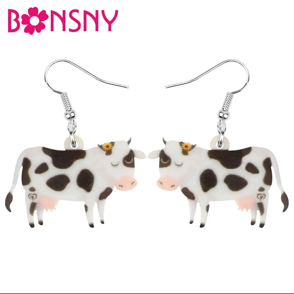 Bonsny Acrylic Sun Flower Cow Dairy Cattle Earrings Farm Animal Drop Dangle Jewelry Ornaments For Women Girl Teen Kid Charm Gift