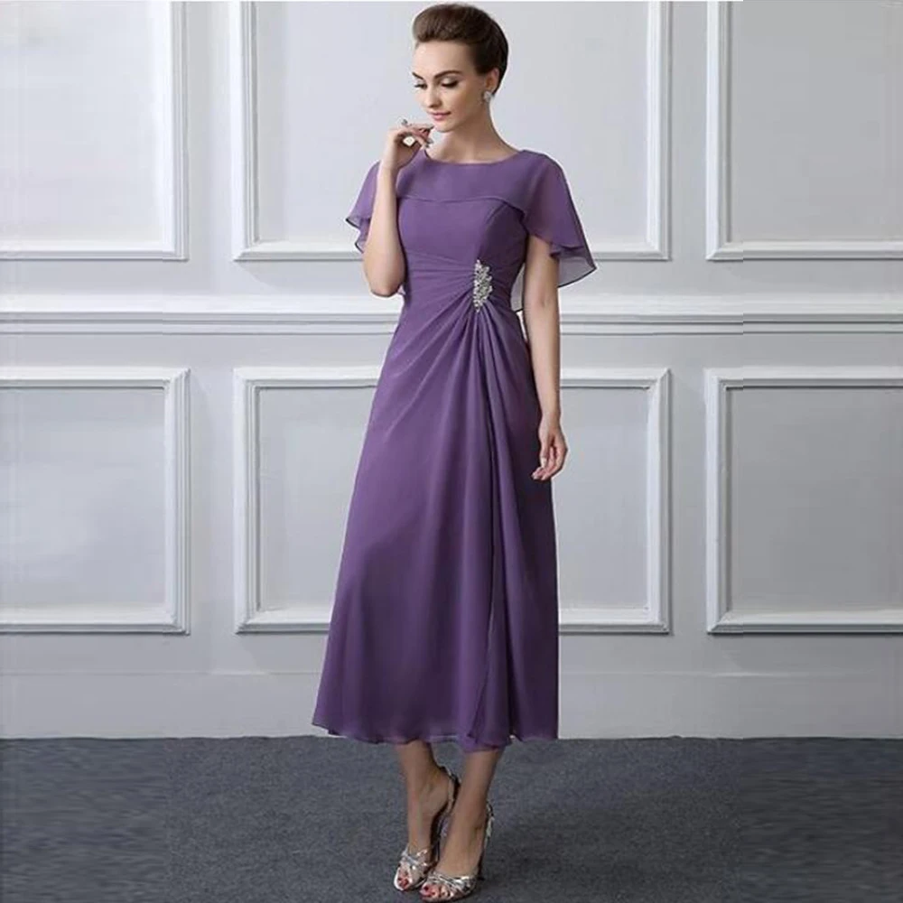 Vestidos frisados com decote frisado para mãe da noiva, vestidos de chiffon para noivo de casamento, roxo e chá, mais recentes e acessíveis, 2021