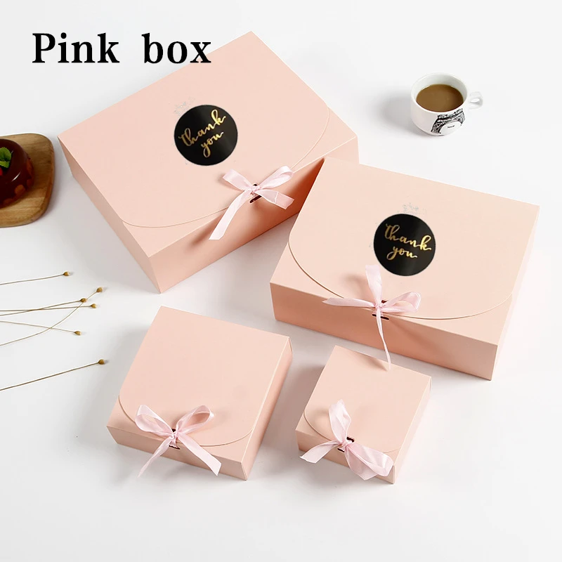 10PCS Pink Packaging Box Christmas Party Gift Box With Ribbon Wedding Birthday Handmade Candy Biscuit Chocolate Cookie Boxes