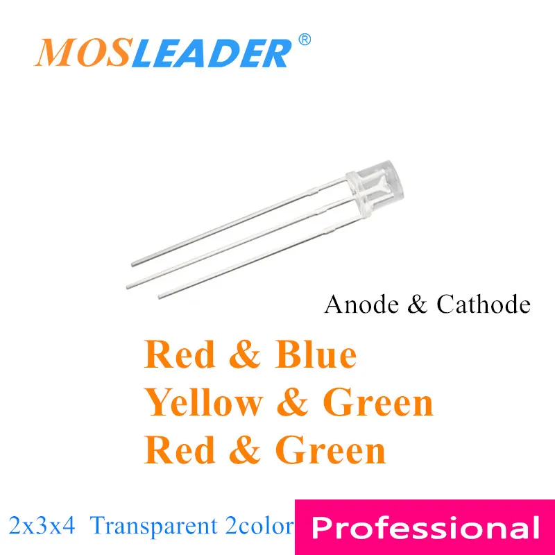 Mosleader 1000pcs 234 LED 2*3*4 3P led 2 Color Diffused Red and Blue Red and green Long pins Cathode Anode